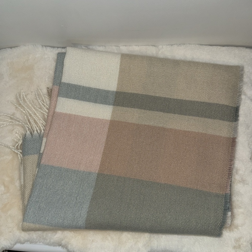 Liz Claiborne Knit Scarf Autumn Plaid Tan Blue Pink NEW - Picture 4 of 7